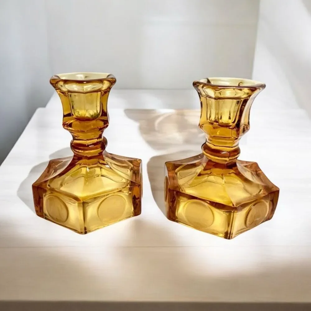Set of 2 Vintage Amber Fostoria Coin Glass Candle Stick Holders 5” 4.5 INCH TALL